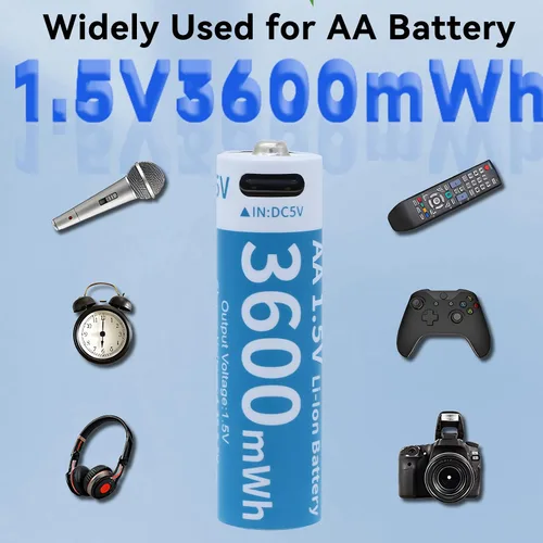 Vista 4 de Baterías de litio recargables AA, paquete de 4 baterías de iones de litio recargables USB-C de 1.5 V 3600 mWh con cargador USB a tipo C 4 en 1