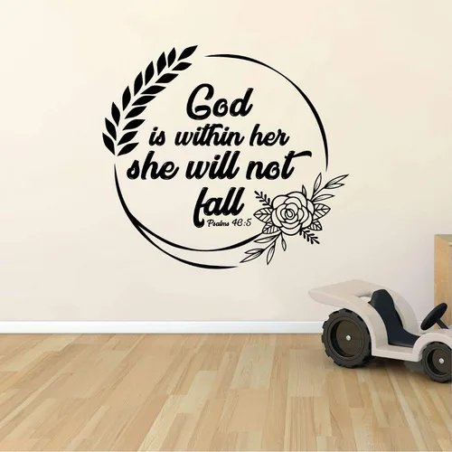 Vista 2 de Calcomanía de vinilo con versículo bíblico de mujer con texto en inglés "God Is Within Her She Will Not Fall" (Salmo 46:5) - Vinilo decorativo