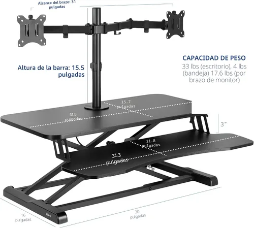 Vista 3 de VIVO Convertidor de escritorio de pie de 32 pulgadas de altura ajustable con soporte de monitor doble de 13 a 30 pulgadas, soporte para monitor