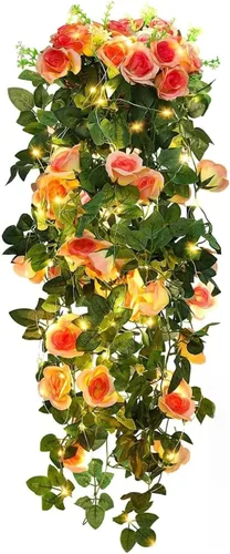 Vista 37 de RECUTMS - Guirnalda de flores artificiales colgantes de rosas negras, 2 guirnaldas florales falsas de 3.3 pies con 30 luces LED para pared