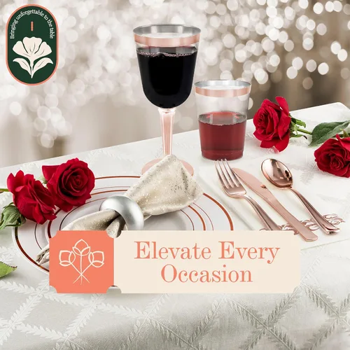 Vista 5 de 50 copas de vino desechables de plástico con borde de oro rosa, tamaño grande, 9.98 oz. BloominGoods - Vasos para bodas y eventos