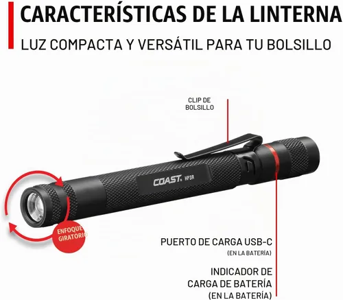 Vista 8 de COAST HP3R - Linterna LED recargable de 500 lúmenes con enfoque giratorio, color negro