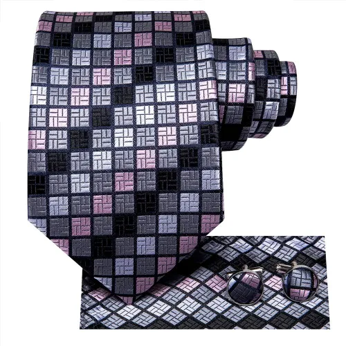 Vista 22 de Hi-Tie Corbata clásica de cachemira para hombre con pañuelo y gemelos a cuadros