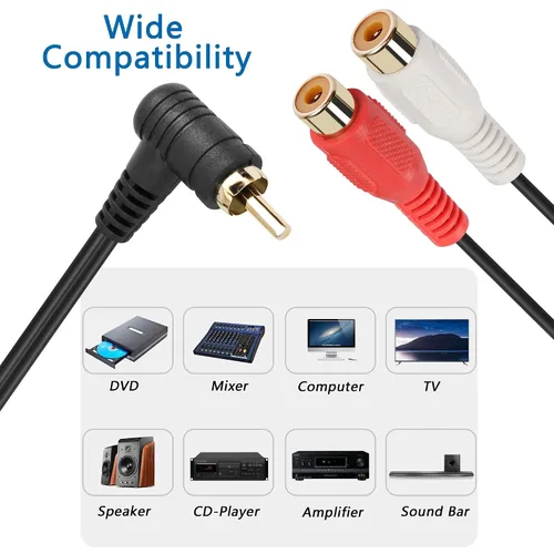 Vista 6 de Cable divisor RCA Y, 2 unidades de cable adaptador de audio estéreo RCA de 90 grados, 1 macho a 2 hembras, 9.8 in