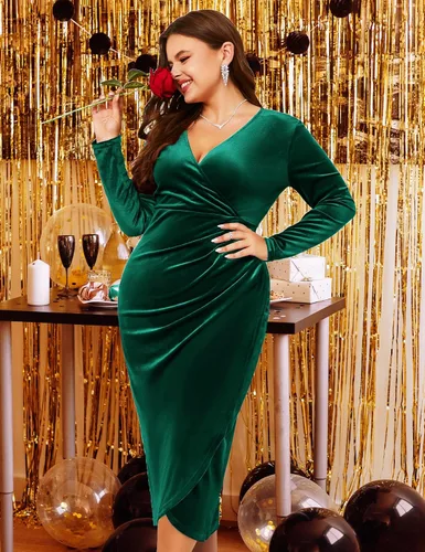 Vista 6 de ZOMVA Vestido cruzado de terciopelo de talla grande 2023, vestido ajustado fruncido, manga larga, con volantes, largo, elegante, fiesta, boda