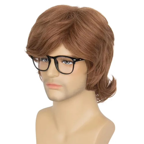 Vista 5 de Miss U Hair - Pelucas cortas onduladas de los años 70 para hombres con lentes de dientes falsos para fiesta de Halloween