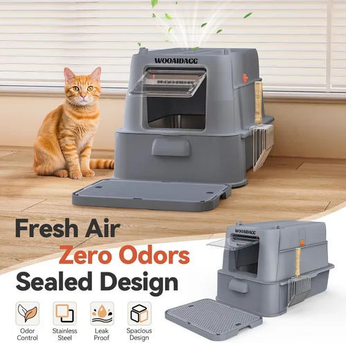 Vista 4 de Wooaidagg - Caja de arena cerrada de acero inoxidable para gatos con control de olores, diseño modular con cajón y puerta abatible, fácil de limpiar