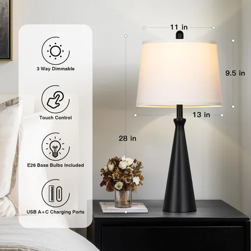 Vista 5 de Rinweey 28" Black Touch Table Lamp with USB A+C Ports, 3-Way Dimmable Bedroom Lamp for Night Stand, Tall Modern Touch Lamp for Living Room End