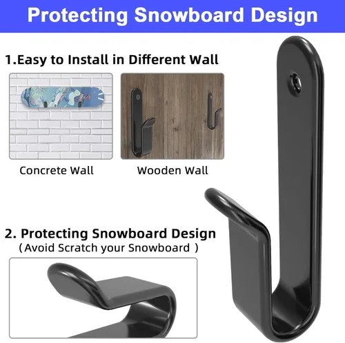 Vista 3 de Clips horizontales de montaje en pared para snowboard, almacenamiento y exhibición de rack de pared para habitación y garaje negro (Black 2 PCS)