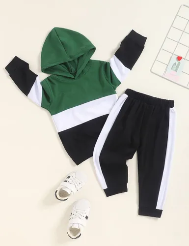 Vista 2 de itkidboy Conjunto de 2 piezas de ropa de bebé niño con capucha y sudadera con bloques de color + pantalones