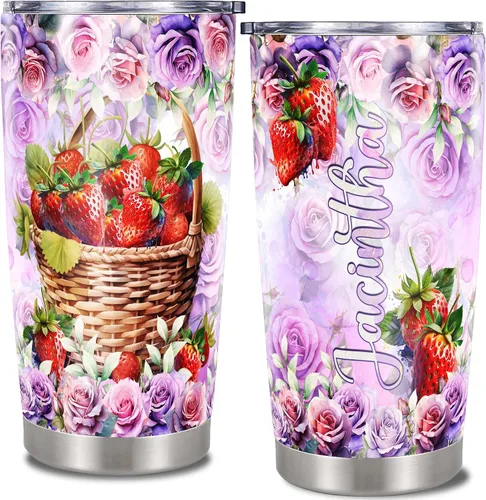 Vista 9 de Vaso personalizado de cereza con tapa, flores, colorido, nombre personalizado, taza aislada, taza de viaje para niñas, mujeres, amantes