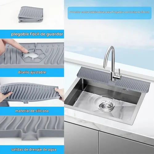 Vista 5 de Derlights Tapete protector contra salpicaduras para fregadero de 30 pulgadas, bandeja de silicona para atrapa goteo, alfombrilla de silicona más Gris