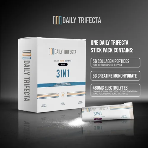Vista 6 de Daily Trifecta 3 en 1 paquetes de colágeno tipo I, monohidrato de creatina y electrolitos Todo natural con cero azúcar Formulado en 30 paquetes
