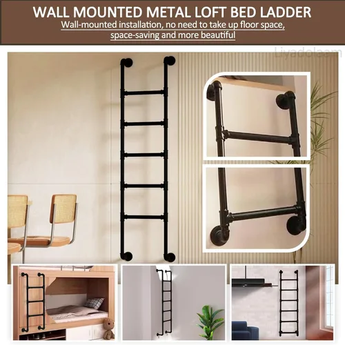 Vista 4 de Metal Twin Bed Bunk Ladder for Loft Dorm, Wall Mounted Home Attic High Bed Step Ladders Climbing Ladder 49"/51"/55"/65", Black Wrought Iron Window
