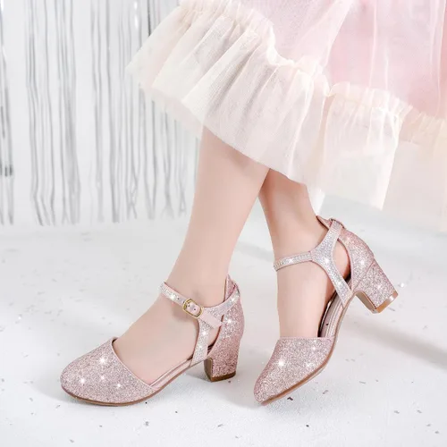 Vista 2 de Zapatos de vestir para niñas, puntera cerrada, tacones altos y gruesos, correa para el tobillo, zapatos de tacón para boda y fiesta