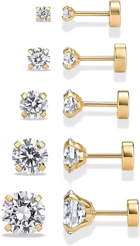 Vista 8 de PAVOI Waterproof CZ Stud Earrings for Women, 14K Gold Plated Set of 5 Studs Oro rosa
