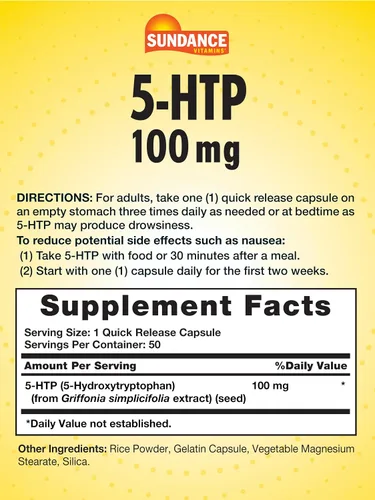 Vista 2 de Sundance 5-HTP 100mg 50 cápsulas 5 hidroxtriptófano Suplemento sin OMG y sin gluten