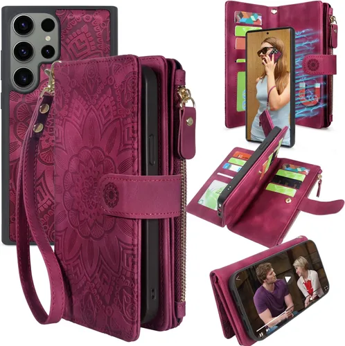 Vista 8 de Harryshell Funda de cuero desmontable con cremallera magnética con bolsillo para monedas, 12 ranuras para tarjetas, correa de muñeca para Samsung