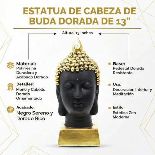 Vista 4 de Seraphic Estatua de cabeza de Buda para decoración del hogar o al aire libre, dorada, 13 pulgadas de alto