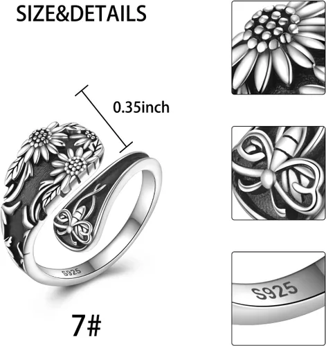 Vista 6 de Anillo de cuchara de girasol Plata de ley Vintage Ajustable Antiguo Cuchara Anillos para Mujer Boho Flor Anillo de pulgar ancho