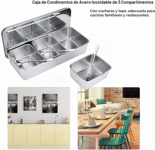 Vista 3 de Servidor de condimentos, tarro de condimentos de acero inoxidable de grado alimenticio de 21 onzas con cuchara y tapa, 3 compartimentos extraíbles