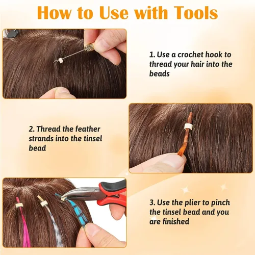 Vista 6 de Kit de 65 piezas de plumas para el cabello con herramientas para extensiones de cabello, kit de extensiones de plumas de cabello sintético largo