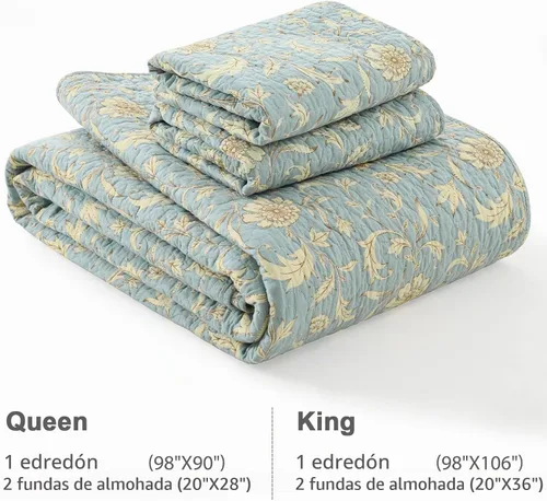 Vista 6 de Finlonte Juego de edredón de tamaño Queen 100% algodón, ligero, suave, vintage, con estampado botánico, acolchado, azul, floral, reversible, juego