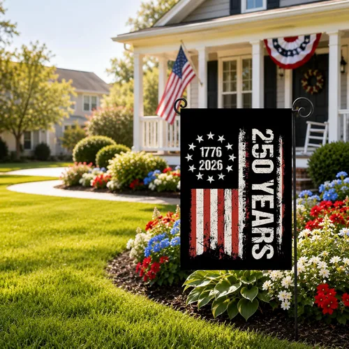 Vista 5 de Bandera de jardín de 250 años de América, Bendiciones 250° aniversario USA Bandera patriótica doble cara con diseño de estrellas y rayas
