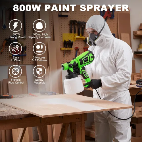 Vista 2 de Pulverizador de pintura, pistola eléctrica HVLP de 800 W con juntas de limpieza/soplado, 3 boquillas de 3 patrones y recipiente de 47.3 fl oz