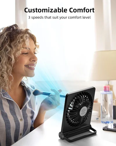 Vista 6 de Koonie - Ventilador de escritorio portátil, pequeño ventilador USB con batería de 3.5-20 horas, ultra silencioso con inclinación plegable de 220°