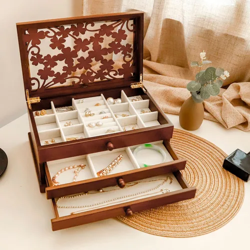 Vista 2 de Kendal Joyero de madera, joyero de 3 capas para mujer, organizador de joyas, estuche de almacenamiento de joyas de madera para collares, aretes