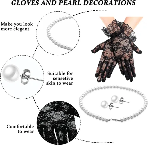 Vista 4 de Honoson Juego de 4 Sombreros Fascinadores para Mujer, Accesorio de Tocado para Fiesta de Té, Velo, Guante de Encaje, Juego de Perlas, Boda Negro