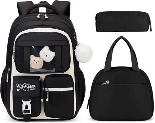 Vista 9 de Juego de mochila para niñas con lonchera de 3 piezas, juego de mochila escolar kawaii para niños de primaria y secundaria, mochila linda y liviana