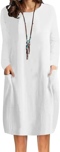 Vista 2 de Vestidos de otoño para mujer 2022 de algodón lino holgado casual de color liso con bolsillo vestido de manga larga