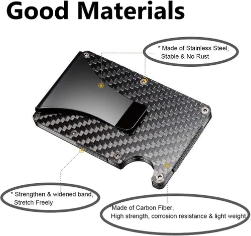 Vista 3 de Cartera de fibra de carbono soporte para tarjeta de crédito con bloqueo RFID clip de dinero minimalista delgado para hombres y mujeres negro
