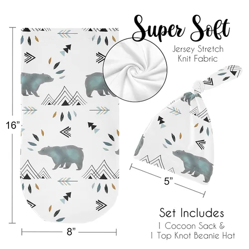 Vista 5 de Sweet Jojo Designs Bear Mountain - Juego de 2 gorros de capullo y gorro de punto elástico para bebé recién nacido, saco de dormir para bebé, saco
