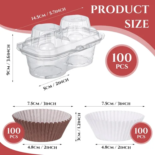 Vista 2 de Tanlade 100 cajas de 2 cavidades para cupcakes, 200 tazas para hornear, 2 compartimentos, recipientes de plástico transparentes apilables