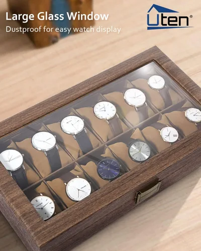 Vista 3 de Uten Caja de reloj con 12 ranuras, organizador de caja de reloj con tapa de vidrio real, caja de almacenamiento de cuero sintético de grano