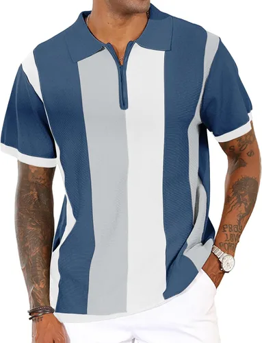 Vista 20 de Camisas polo de moda para hombre, camisas de punto vintage a rayas, camisas de golf casuales ajustadas
