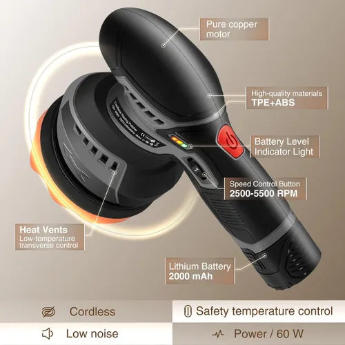Vista 2 de Pulidora Inalámbrica de 5 Pulgadas DA con 6 Velocidades Variables de 2500-5500 RPM, Batería Recargable de 2.0Ah, Pulidora para Detalles
