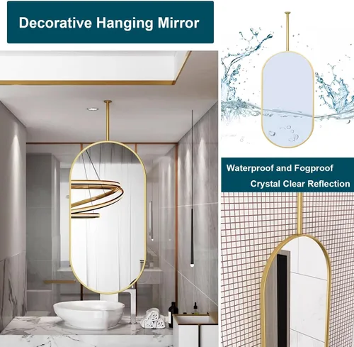 Vista 4 de Espejos de baño para tocador, espejo dorado montado en el techo con marco de metal y barra para colgar en el techo, espejo de pared decorativo