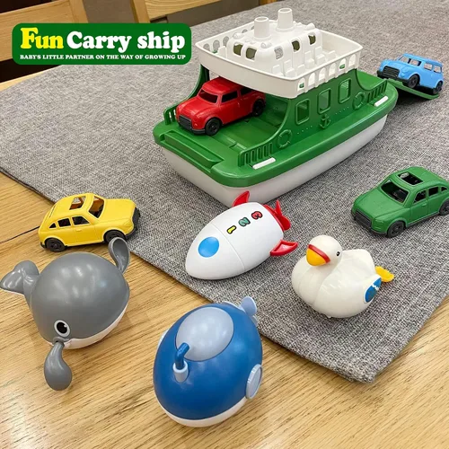 Vista 3 de Barco Ferry con 4 Coches y 4 Juguetes de Baño de Cuerda, Juguete de Baño para Niños Vehículo Flotante Ballenas Submarinos Cisnes Cohetes, Conjunto