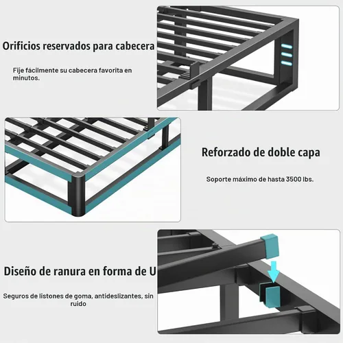 Vista 4 de Bilily - Base de cama Queen de metal resistente de 14 pulgadas con esquinas redondeadas y orificios para cabecero, retenedores de colchón de 3500