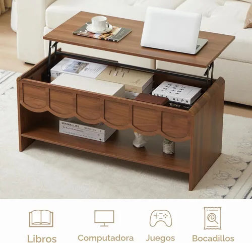 Vista 4 de Mesa de centro elevable con compartimento oculto, mesa central de madera de 2 niveles con panel ondulado, moderna mesa elevadora para el hogar, sala