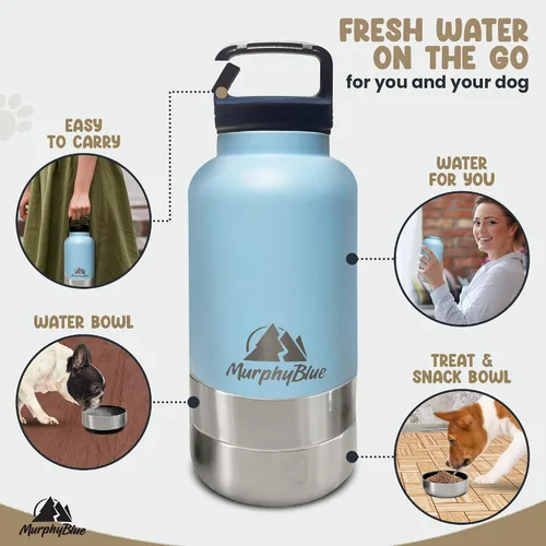 Vista 9 de MurphyBlue Botella de agua para perros 32 onzas de acero inoxidable aislado de capacidad, tapa con mosquetón integrado, cuencos desmontables
