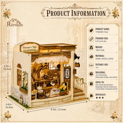 Vista 2 de Roroom Kit de casa en miniatura para bricolaje, kit de rincón de libro de cuento de Vitrine con luz LED, rompecabezas de madera 3D, kit de casa