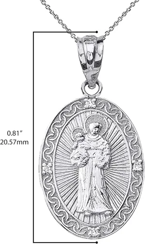 Vista 3 de Colgante de plata de ley 925 con medalla ovalada de 3/4 pulgadas con circonita cúbica de San Antonio, elige solo colgante o collar con cadena de 16