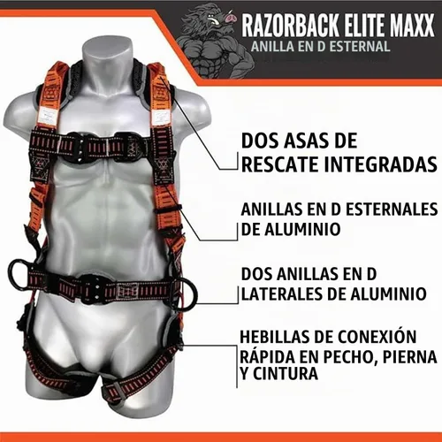 Vista 4 de Malta Dynamics Razorback Elite MAXX - Arnés de seguridad y kit de protección contra caídas con cinturón lumbar cosido y asas de rescate integradas