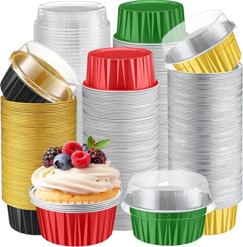 Vista 32 de Gejoy - 400 tazas para hornear de papel de aluminio con tapas, 5 onzas, clásico, negro