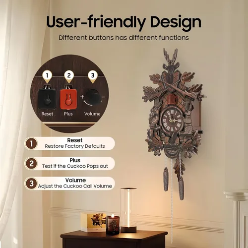 Vista 7 de Reloj de cuco de madera de estilo alemán con péndulo, funciona con pilas, reloj de pared con decoración de bosque, silenciador nocturno y volumen